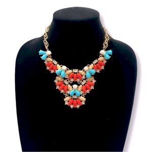 LEE ANGEL for NEIMAN MARCUS Coral Red & Blue Stunning Bib Gold Tone Neck…